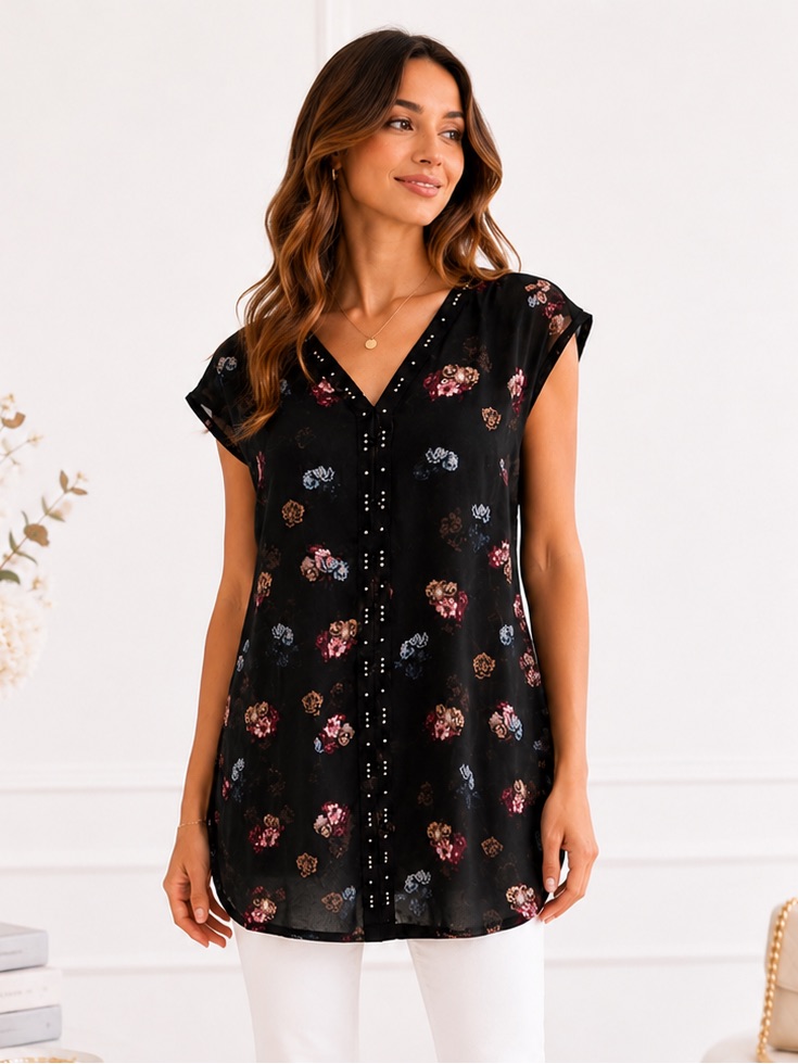 Simply Vera Wang Black Floral Chiffon Tunic Top Rhinestone Nwt M